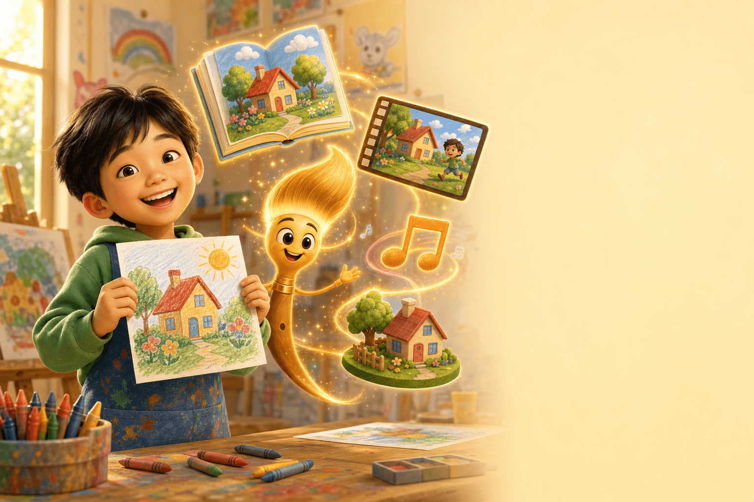 A child turning doodles into pictures and stories with AI support