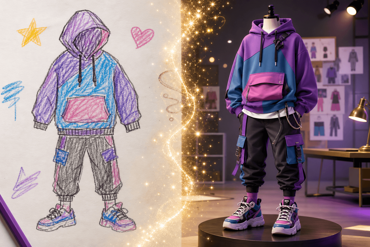 An outfit sketchbecomes a fashion design