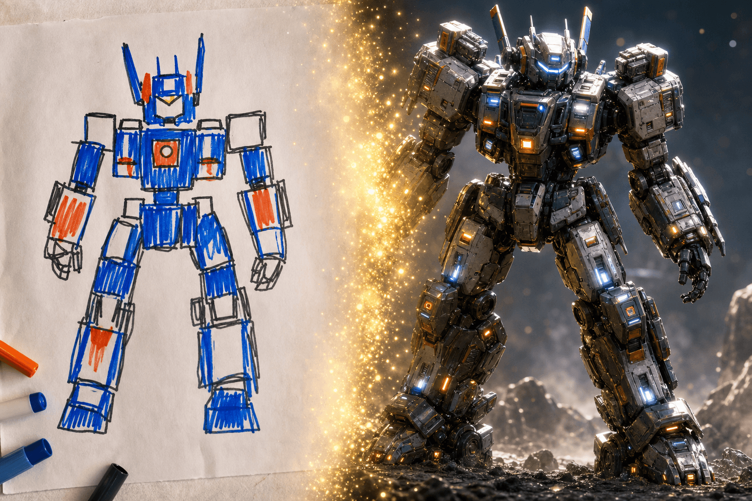 A mecha sketchbecomes a sci-fi concept model