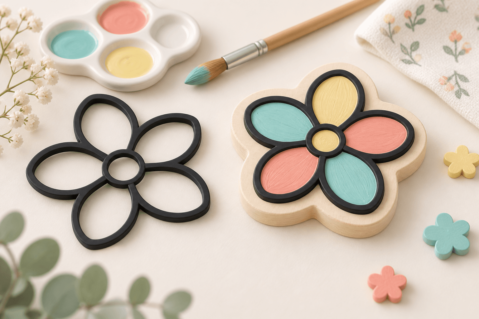 An unfilled black flower outline beside a hand-colored flower mounted on a separate backing