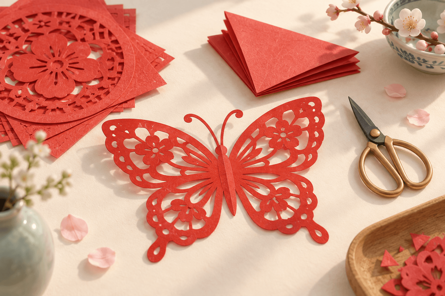 Folded paper and a symmetrical butterfly demonstrate traditional papercutting