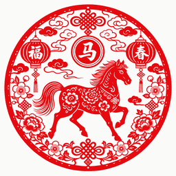 Red horse and floral papercut window decoration sample