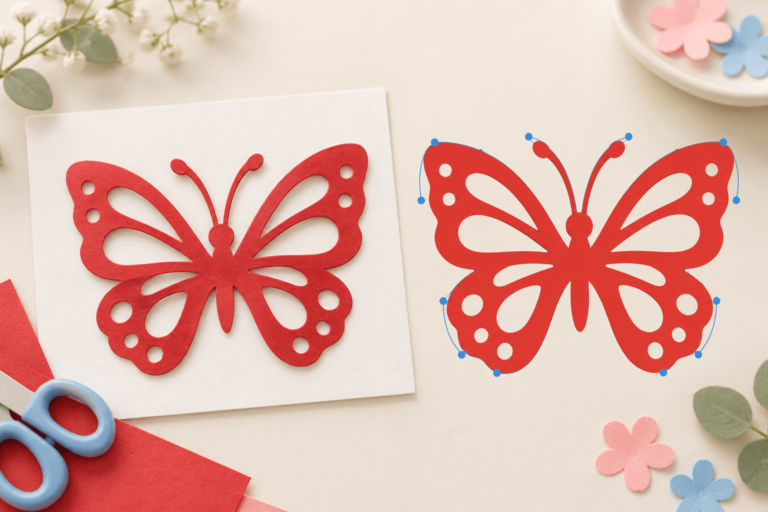 Ready-made patterns are traced directly. Other pictures are redesigned as papercuts first.