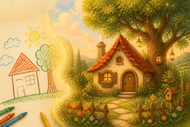 A crayon house a child drew, turned by AI into a warm storybook illustration