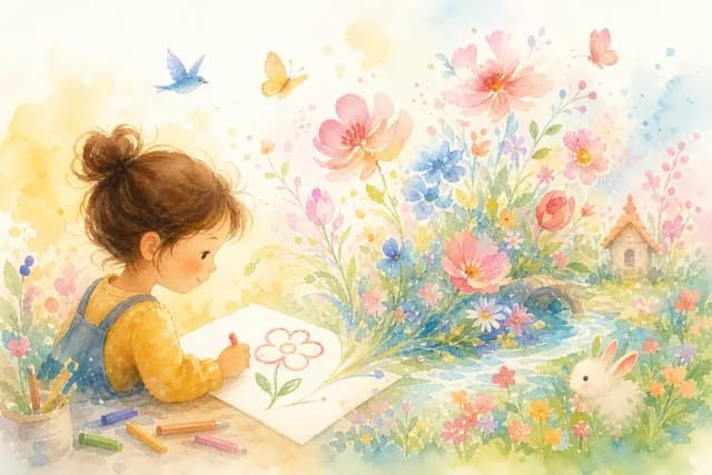 A flower a child drew, turned by AI into a watercolor garden